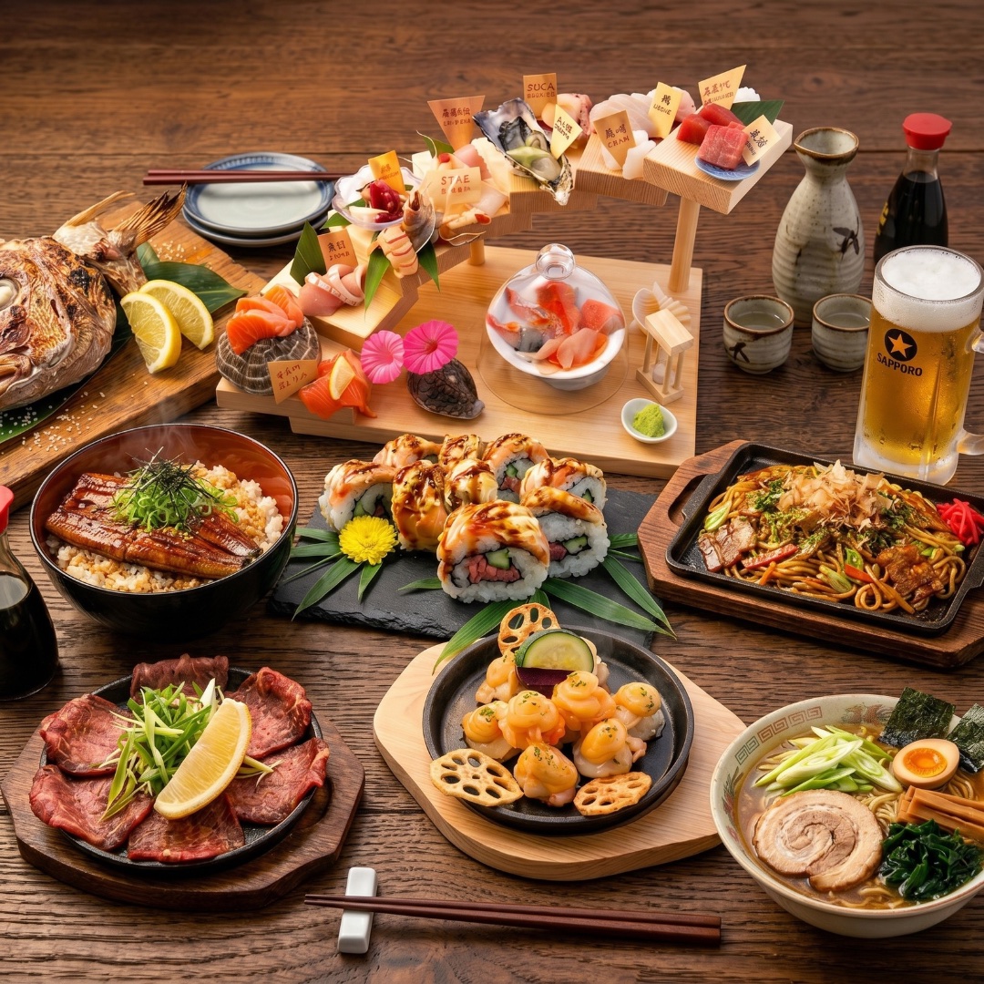 A generous Japanese table featuring sashimi, sushi, ramen, grilled dishes and Sapporo beer